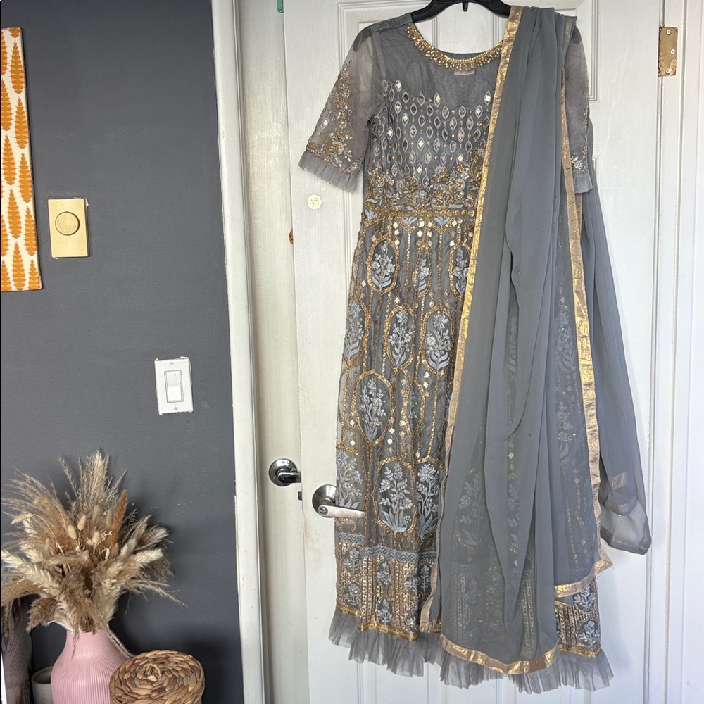 Panash Hand Embroidered Elegant Gray and Gold Dress Saree
